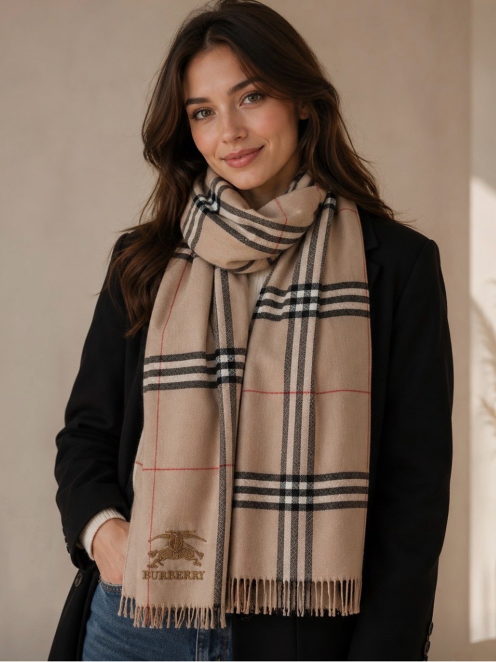 Beige Plaid Scarf with Black and Red Accents